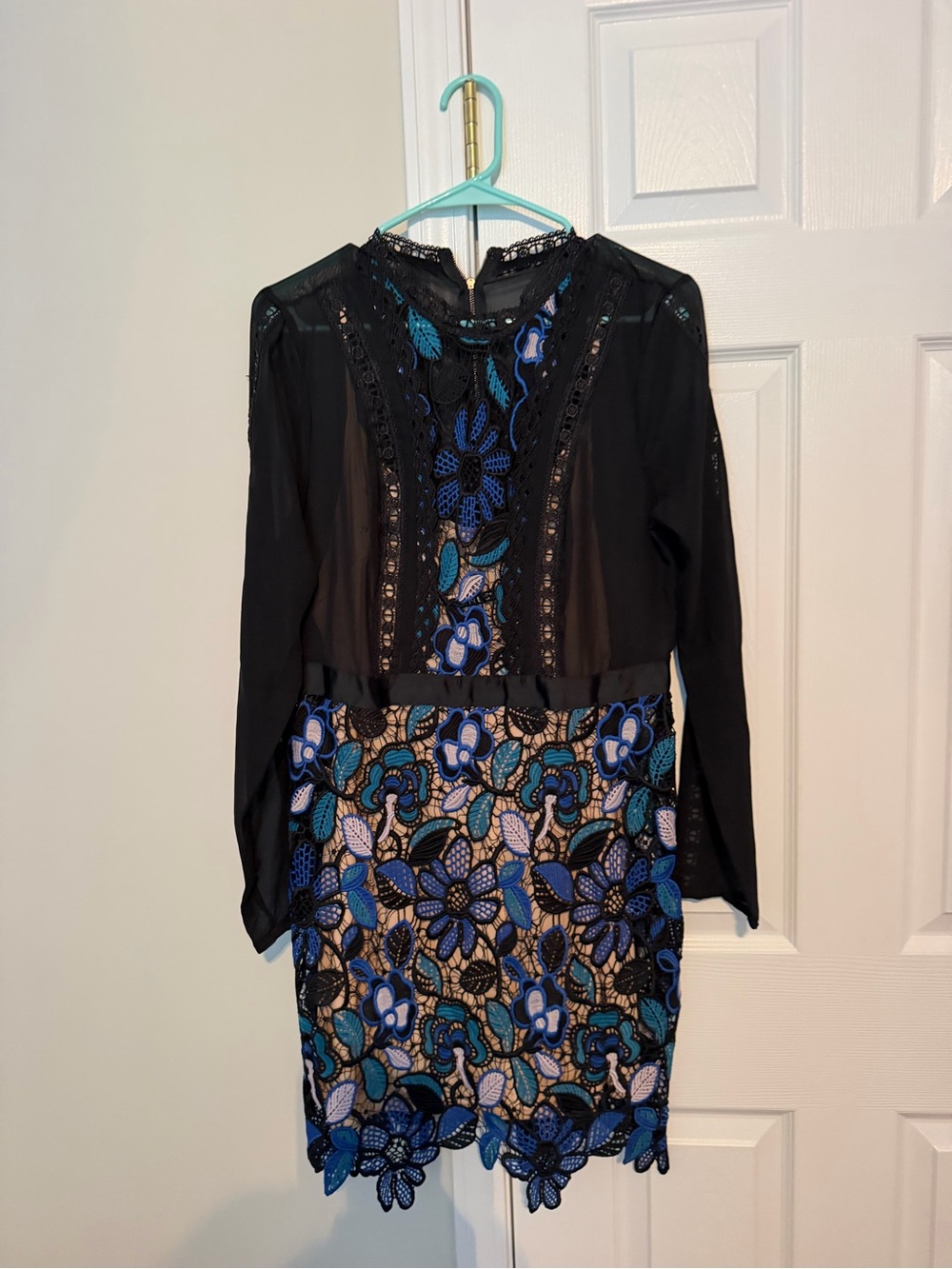 VENUS Floral Lace Sheath Dress with Black Mesh Long Sleeves - Teal/Blue - Picture 2 of 3